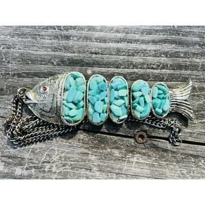 Vintage Turquoise Stone Red Eye Fish Pendant 5” Reticulated & Chain
